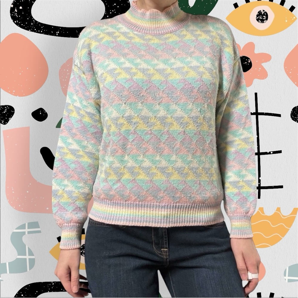 62 East | Vintage Rainbow Pastel Houndstooth Print Boxy Turtleneck Sweater